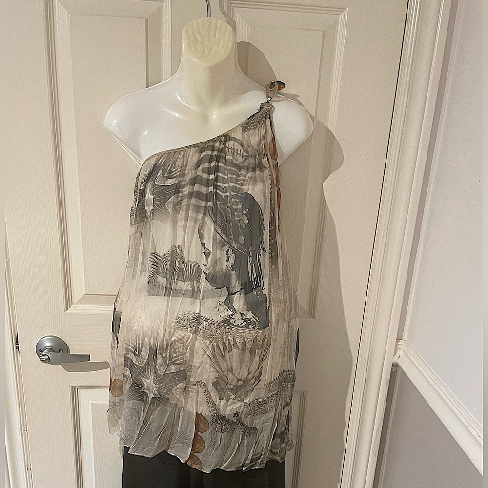 NWOT one shoulder sheer tunic African animal themed print
